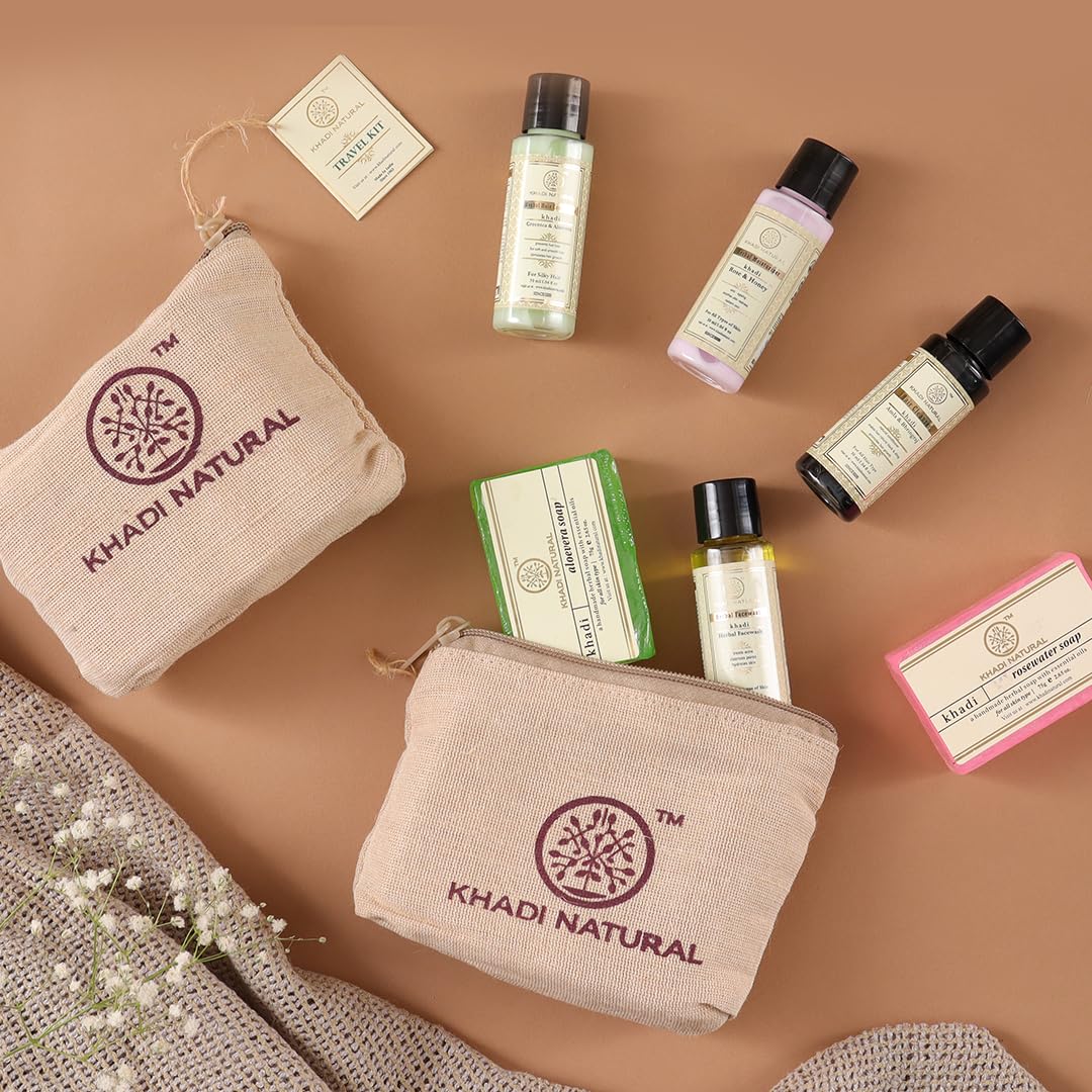 Khadi Natural Herbal Natural Travel Kit - All in one Travel kit Includes Shampoo, Conditioner, Body wash, Soap, Moisturiser (Set of 6 + Jute Bag)| 150g + 120ml