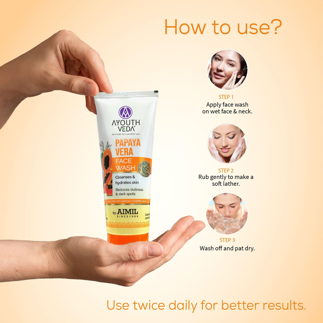 Ayouthveda Papaya Vera Face Wash with Real Papaya Extract | Deep Cleanser for Dry to Normal Skin | Removes Dullness, Dark Spots, & Impurities | Sulfate-Free Gentle Formula | (100 g)