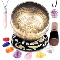 Tibetan Singing Bowl Set - Rose Quartz Pendulum Necklace and 7 chakra healing crystal stones - Handcrafted in Nepal for Meditation, Mindfulness, Yoga, Spiritual Healing and Stress Relief 4