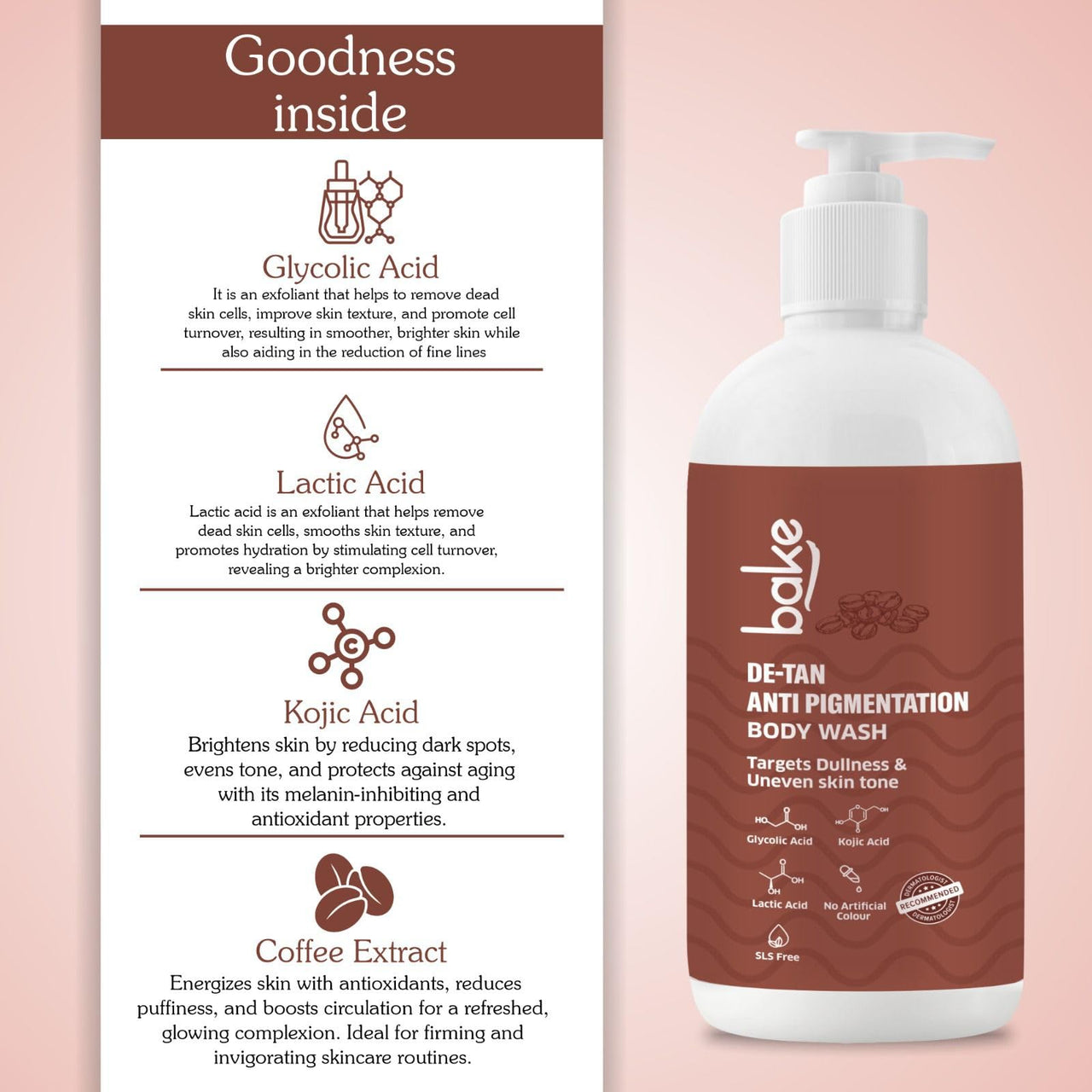 BAKE De-Tan Anti Pigmentation Coffee Body Wash with Kojic Acid, Glycolic Acid, Lactic Acid for Dark Spots, Pigmentation, Tanning & Tan Removal | For Men & Women | 250ml