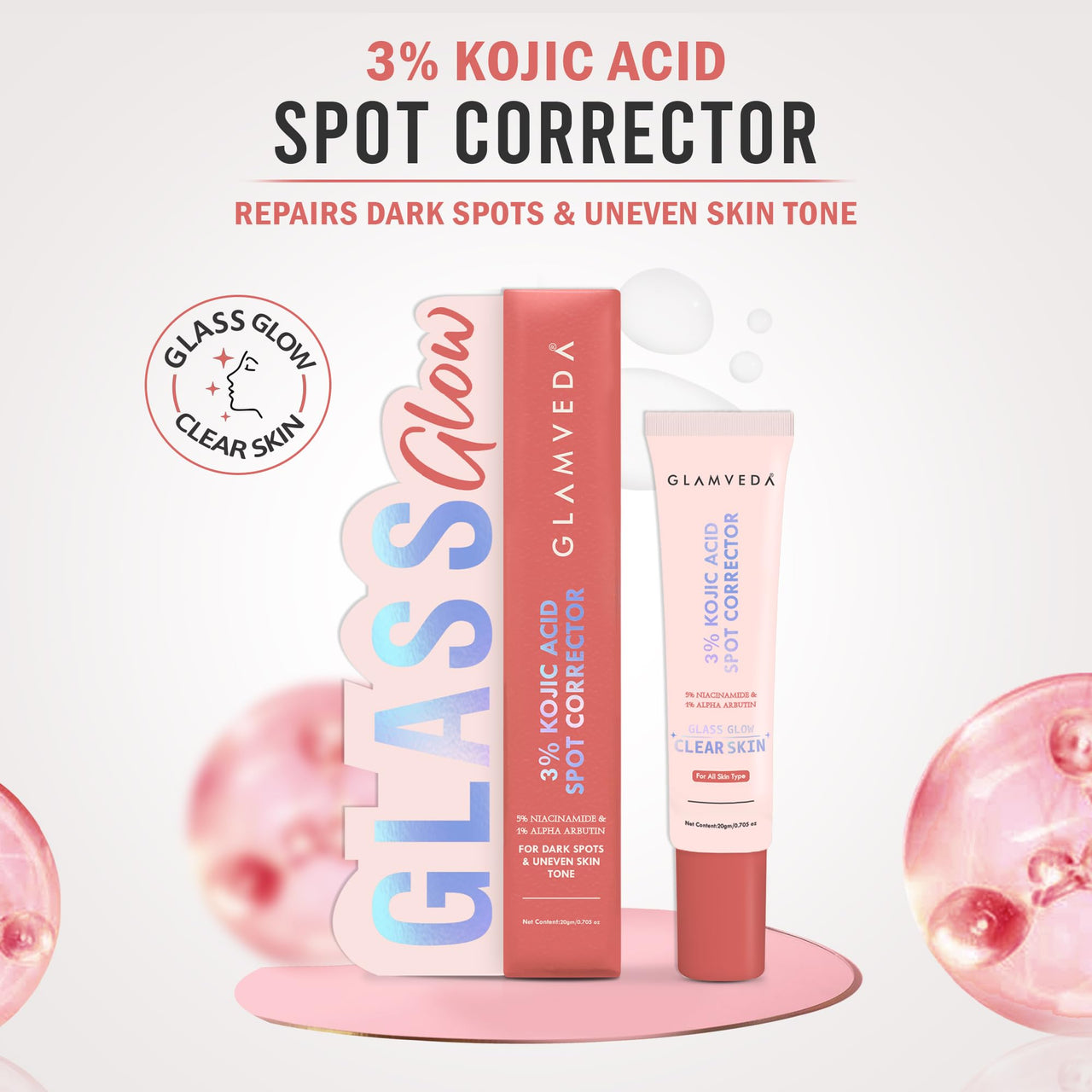 Glamveda 3% Kojic Acid Spot Corrector Gel Reduces Acne Scars & Dark Spots | Glow Booster & Pigmentation Removal | With Alpha Arbutin & Niacinamide | 20g