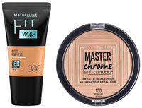 Maybelline New York Fit Me Matte+Poreless Liquid Foundation Tube, 330 Toffee, 18ml and Maybelline New York Face Studio Master Chrome Metallic Highlighter, Molten Gold, 6.7g
