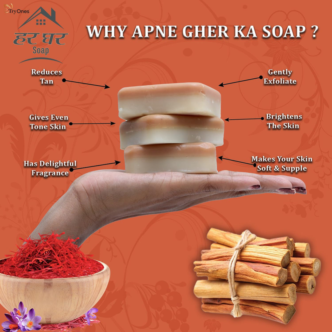 HarGhar Soap Sandalwood & Saffron Magic Soaps For Bath (300 Gms Pack Of 3) | Paraben Free | Chandan & Kesar Bath Soap | Handmade Soaps For Glowing | Skin Brightening Soap For Men & Women