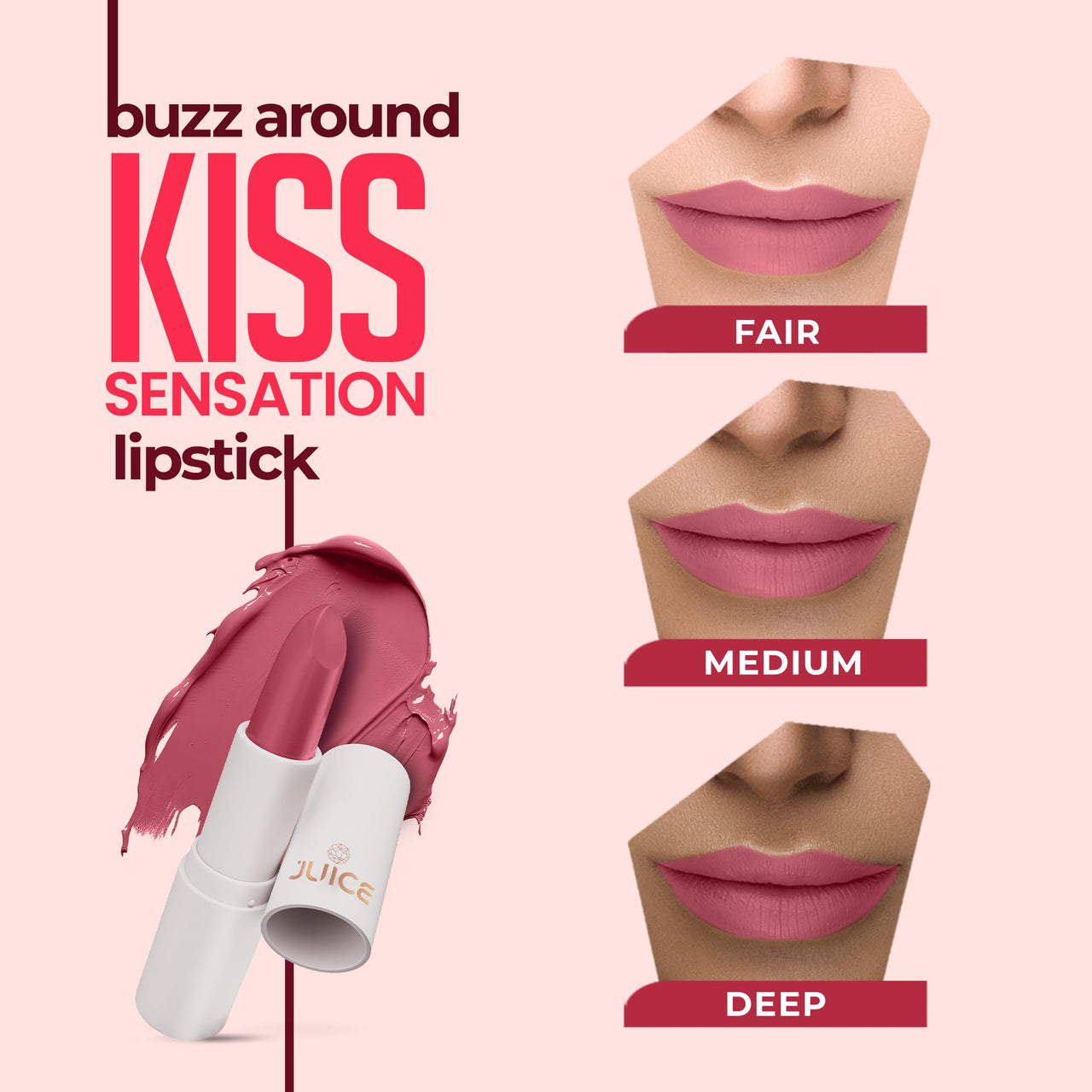 Juice Kiss Sensation Lipstick with Goodness of Bio Retinol, UV Protection & Long lasting Lipstick, Pack of 3 (Red Carpet - M02, Think Pink - M09, Nude Sepia - M12)