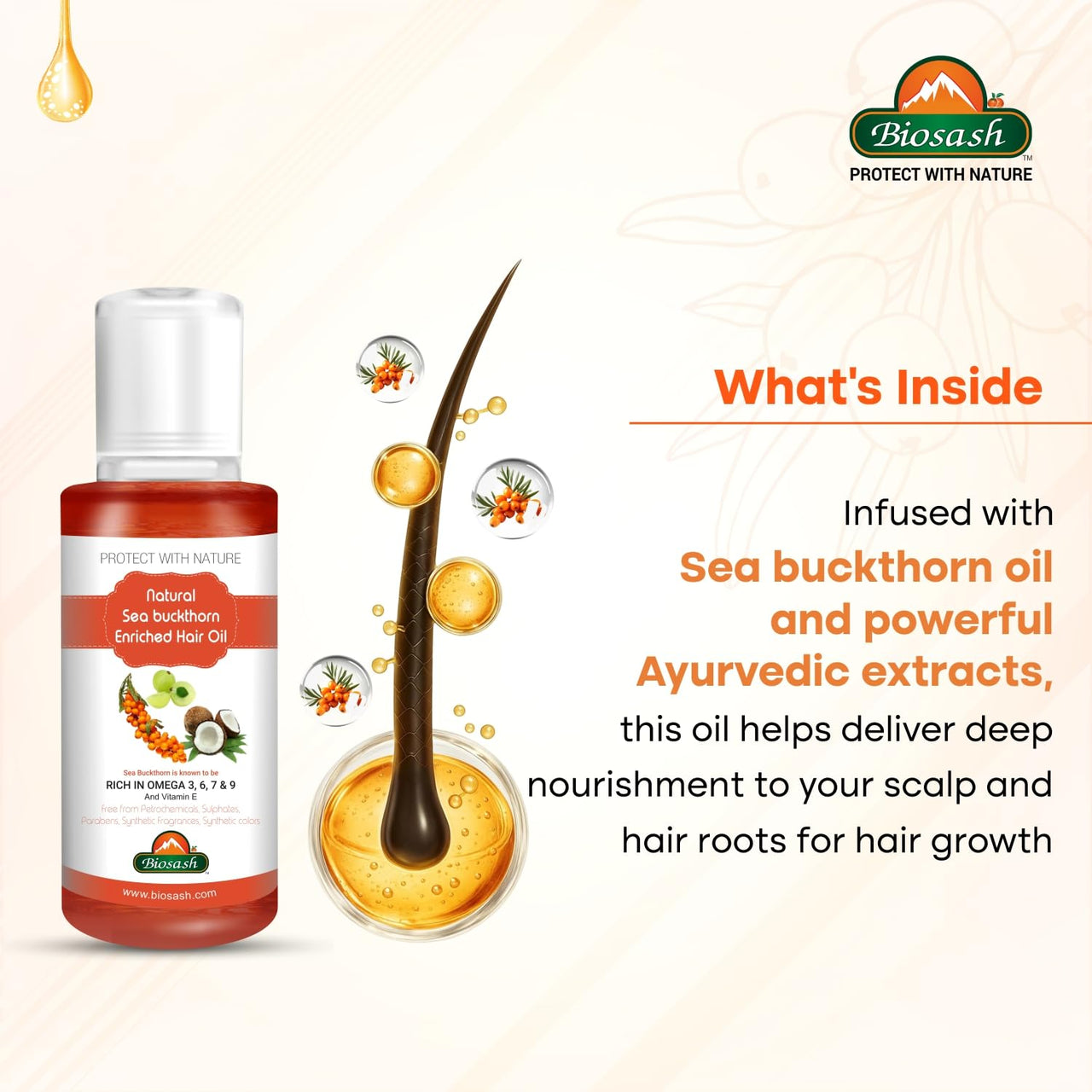 Biosash Sea Buckthorn Hair Oil 100ml | Ayurvedic Hair Care with Sea Buckthorn Berry, Almond & Castor Oil | Rich in Omega 3 6 7 9 & Vitamin E | Hair Fall Control & Hair Growth