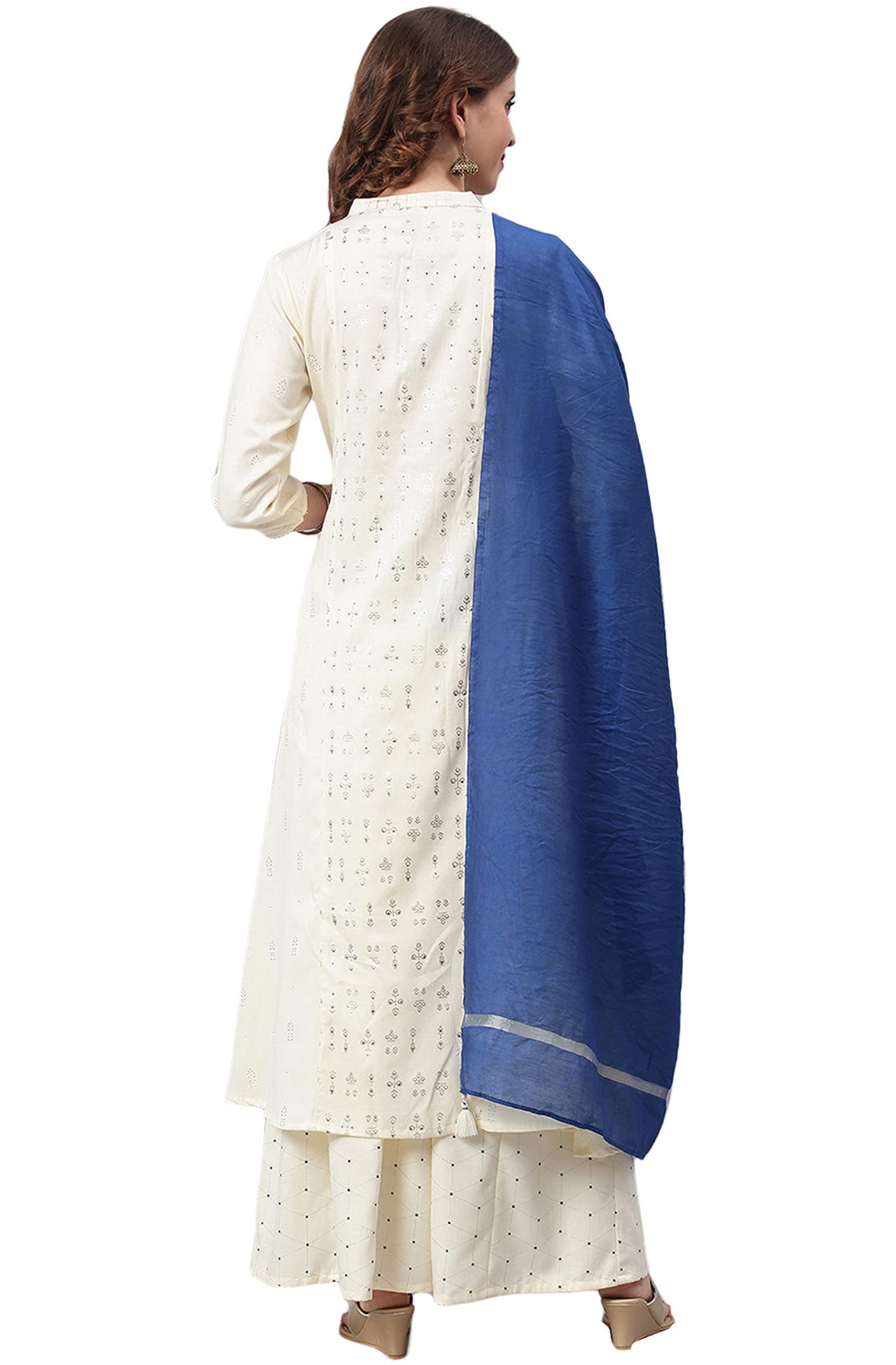 Janasya Women's  Off- White and Silver Poly Silk Kurta With Palazzo and Dupatta