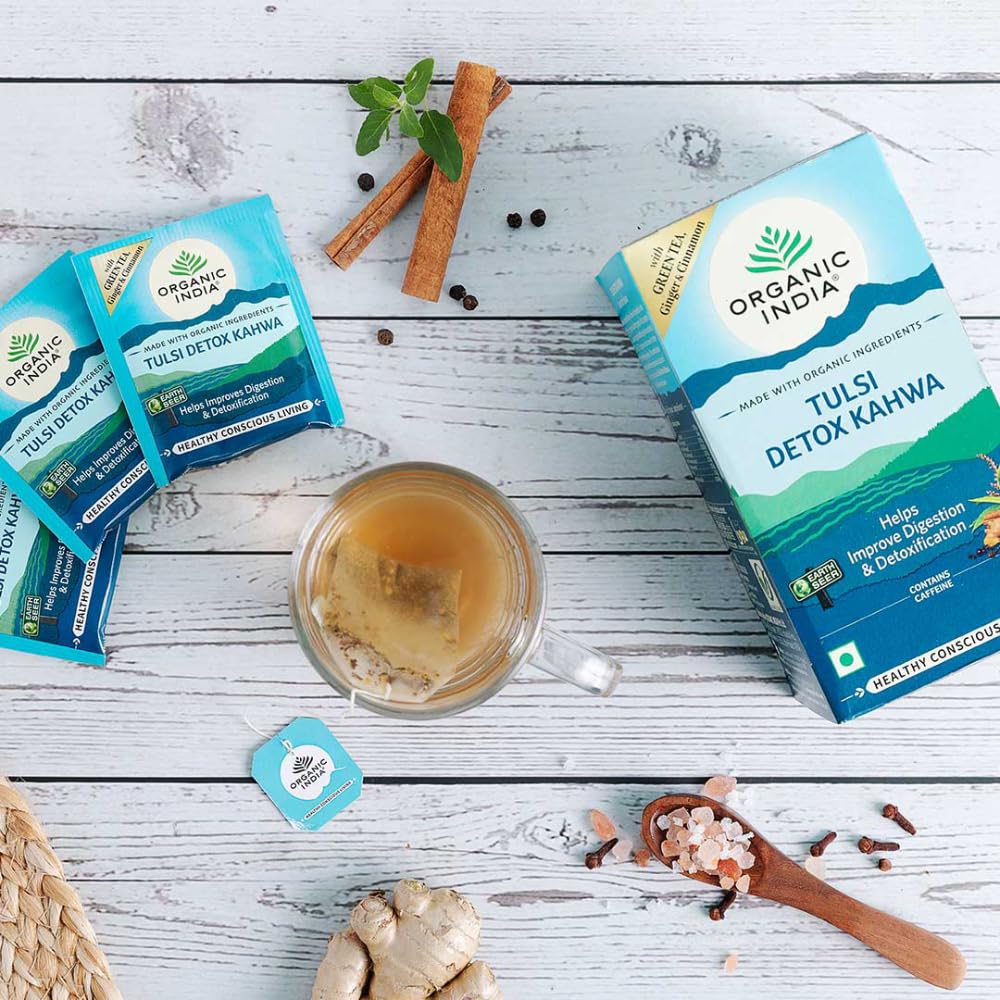 A TATA Product - Organic India Tulsi Detox Kahwa - 25 Tea Bags, Helps Improve Digestion & Detoxification, Rich in Antioxidants, Made with Tulsi, Ginger, Clove, and Green Tea