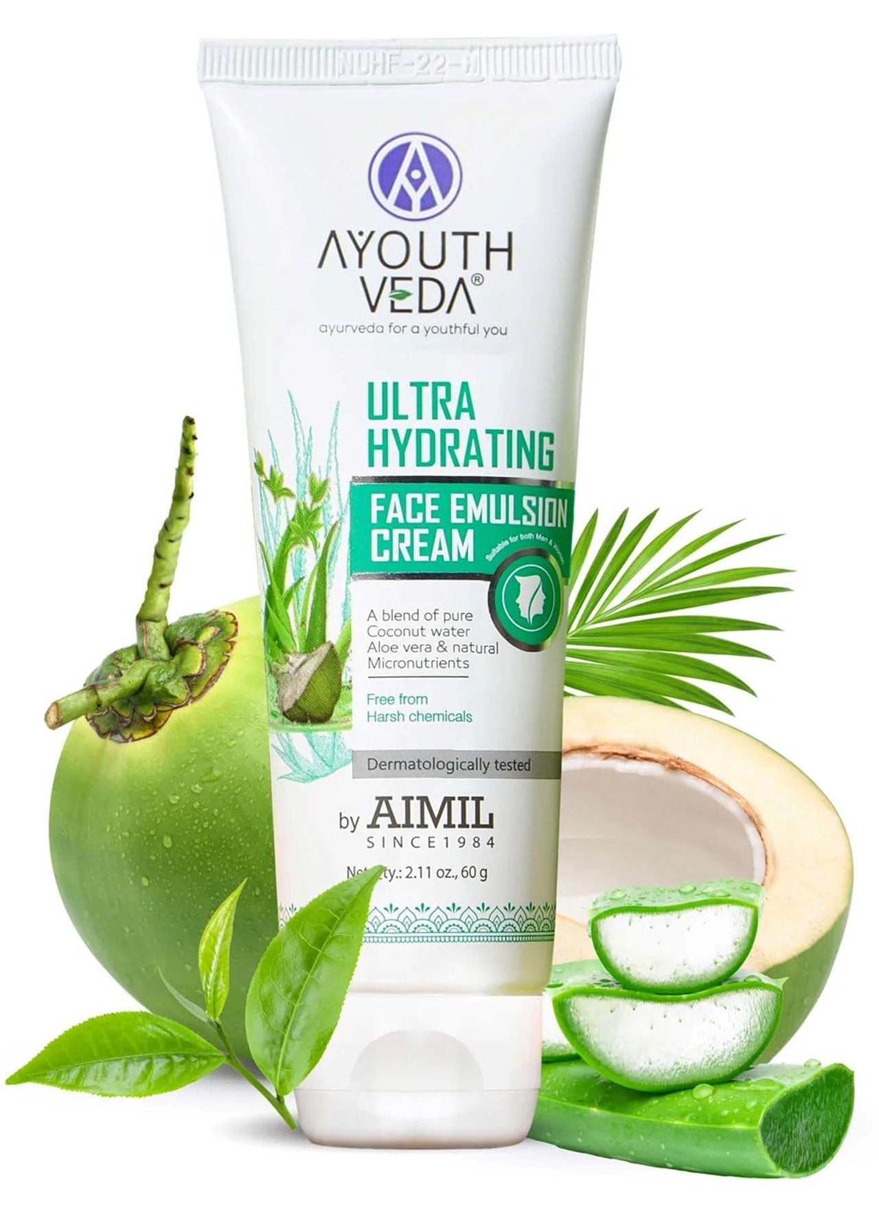 Ayouthveda Ultra Hydrating Face Emulsion Cream | Nature’s Goodness for 24 hours Hydration | Moisturizes, Tones, and Brightens Skin | Prevent Dark spots, Blackheads and Blemishes | With Coconut Water, Aloe Vera, and Green Tea - (Pack Of 1; 60G)