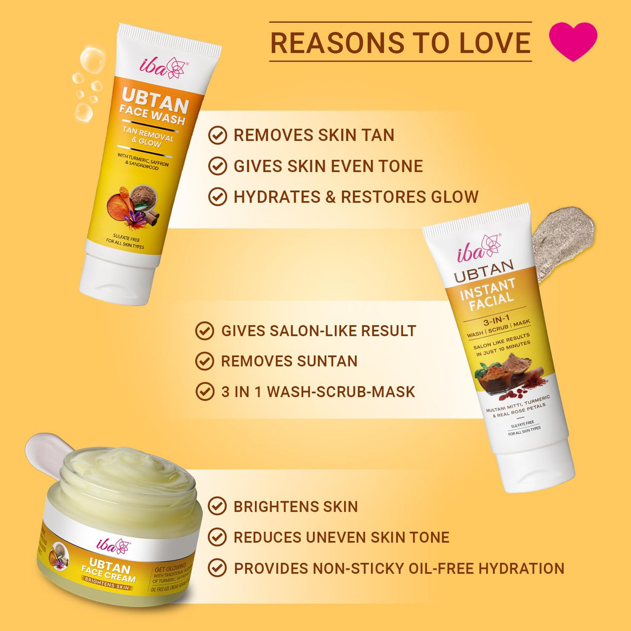 Iba Ubtan Essentials Skin Care Regime Combo for Glowing Skin | Removes Tan & Radiant Skin (Ubtan Face Wash (100ml), Ubtan 3 in 1 Instant Facial (100g), Ubtan Face Cream (50g))