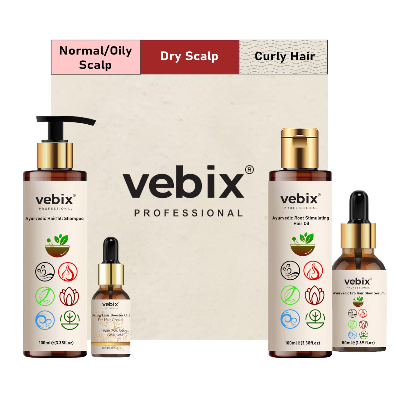 VebixProfessional Customised Regimen -4 Ayurvedic Product Kit - HairFallControl- AntiHairFall Neem Oil +Lotus AntiHairfall Shampoo + Hair - ShinningSerum & BoosterSerum -8.79 Fl.oz (Dry Scalp)