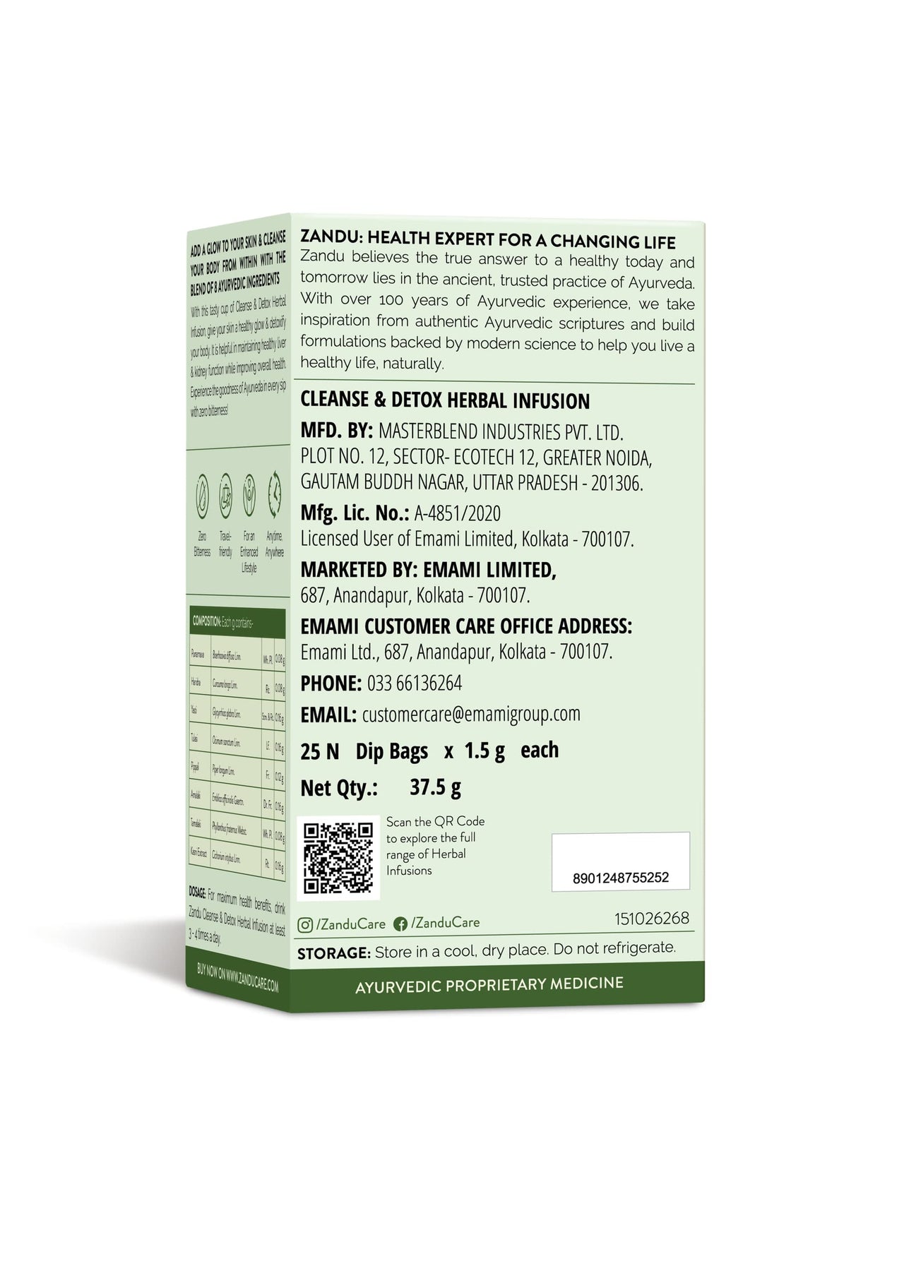 Zandu Cleanse & Detox Herbal Infusion: Use This Tea Bag To Give Your Body The Gift Of Good Health |Helps Improve Skin Glow & Detoxifies The Body (25 Tea Bags), Green Tea, 90 Gram