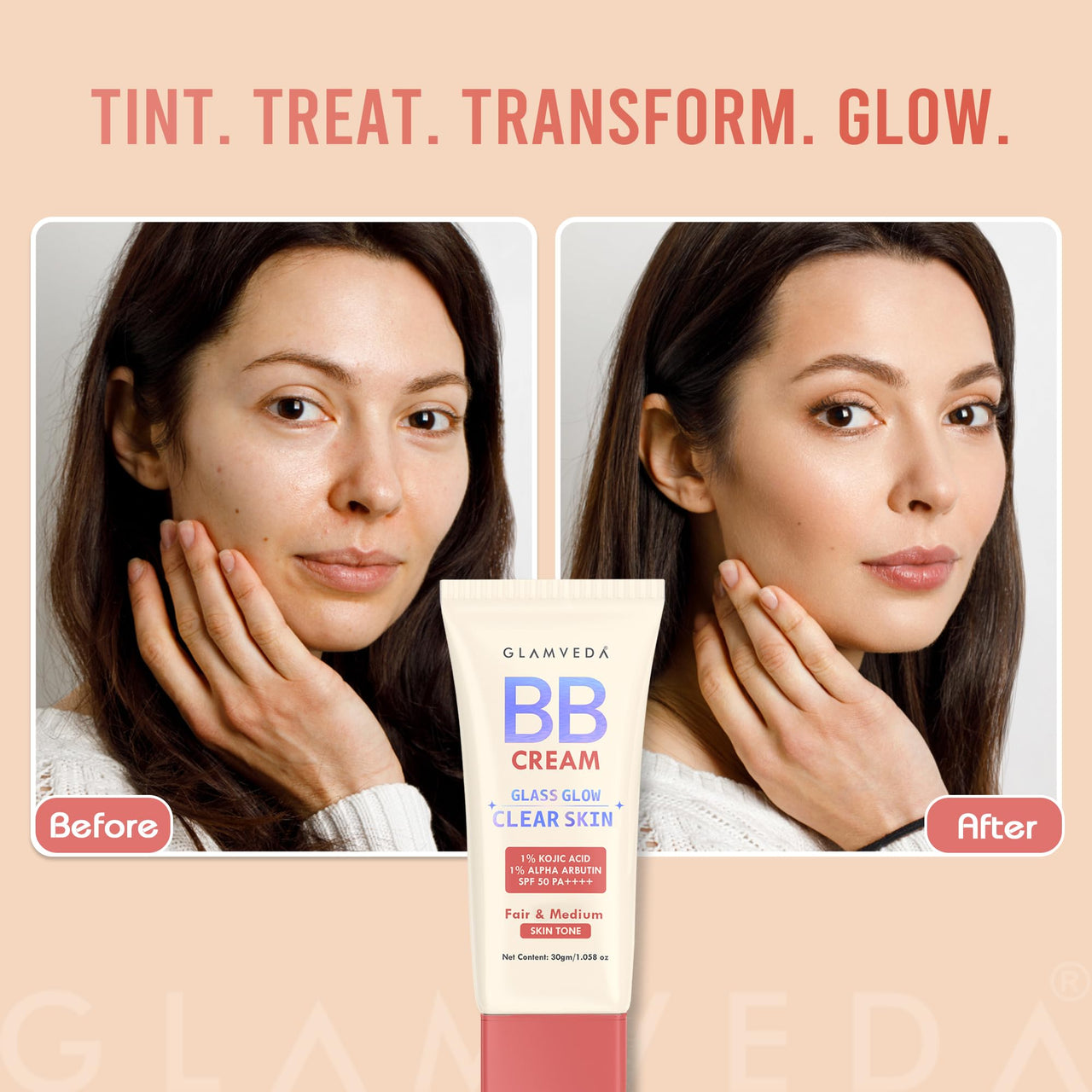 Glamveda BB Cream for Fair & Medium Skin Tone With SPF 50++++ | Lightweight, Non-Sticky & Waterproof | Covers Dark Spots & Evens Skin Tone | Natural, Dewy Finish | Hydrating & Durable (30 gm)