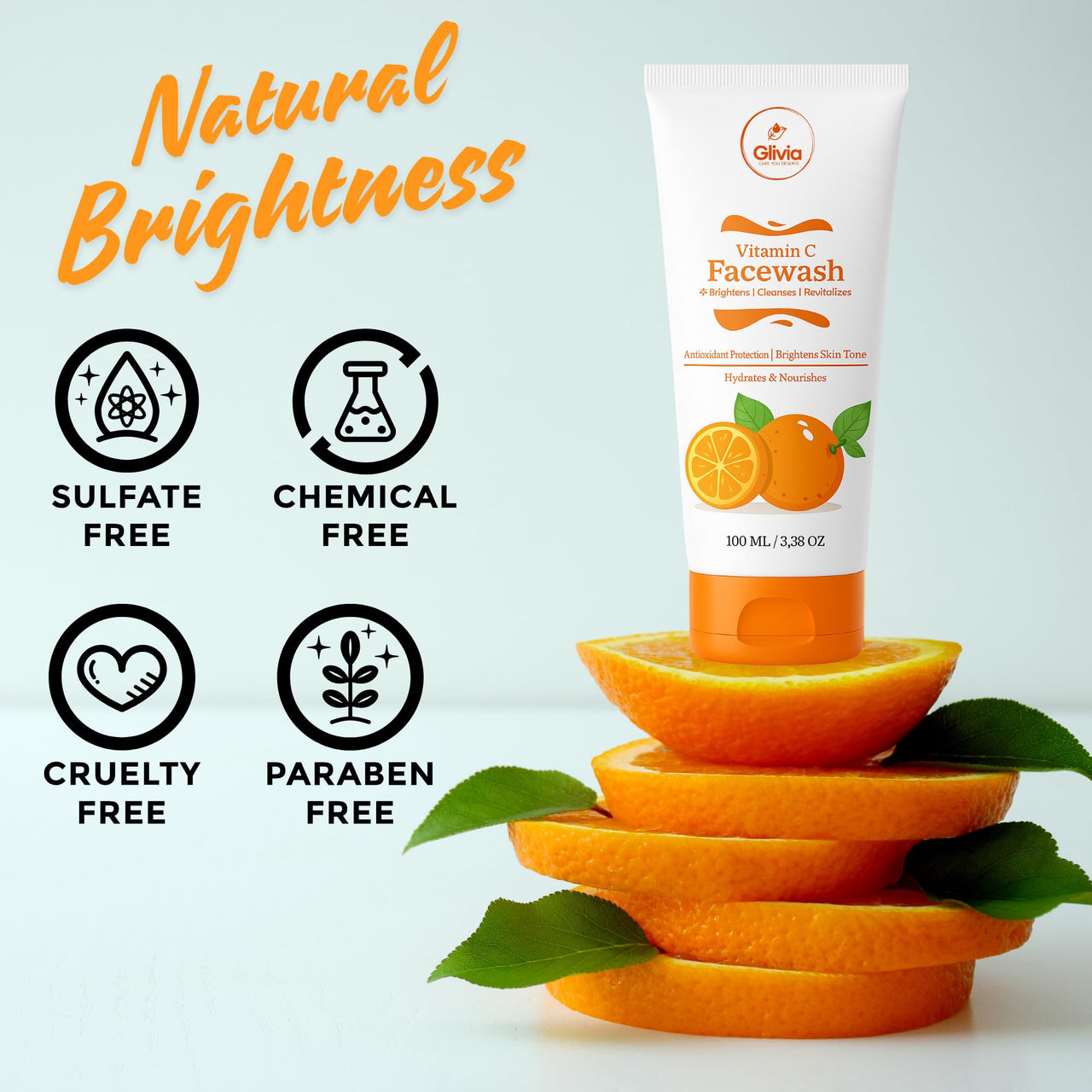 Glivia Vitamin C Face Wash - Brightening, Hydrating & Dark Spot Correcting | Gentle Cleanser for Glowing Skin, 100 ML