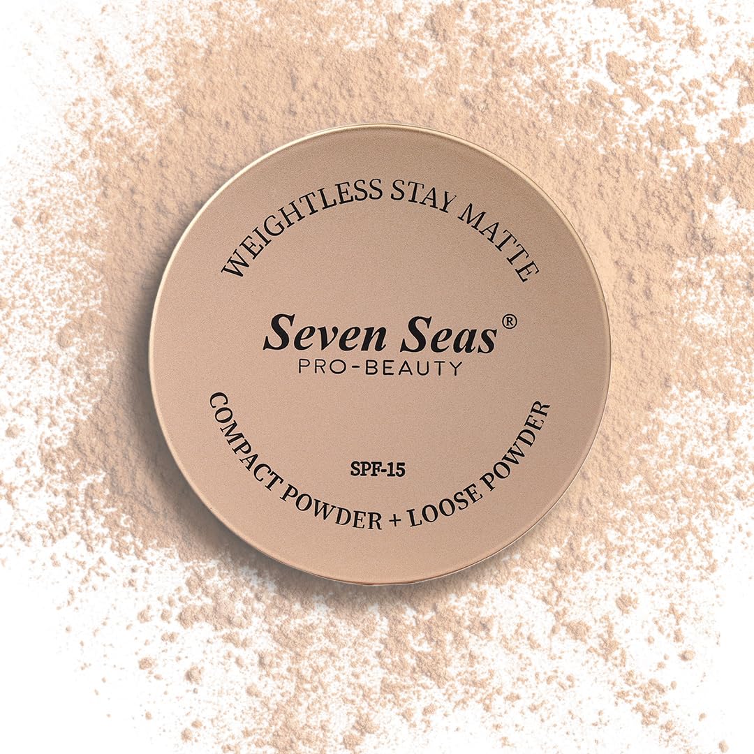 Seven Seas 2 In 1 Weightless Stay Matte Compact Powder | Pressed Powder + Loose Powder | SPF 15 | Non Oily Matte Look | Evens Out Complexion | Hides Imperfections | Blends Effortlessly (Buff Beige)