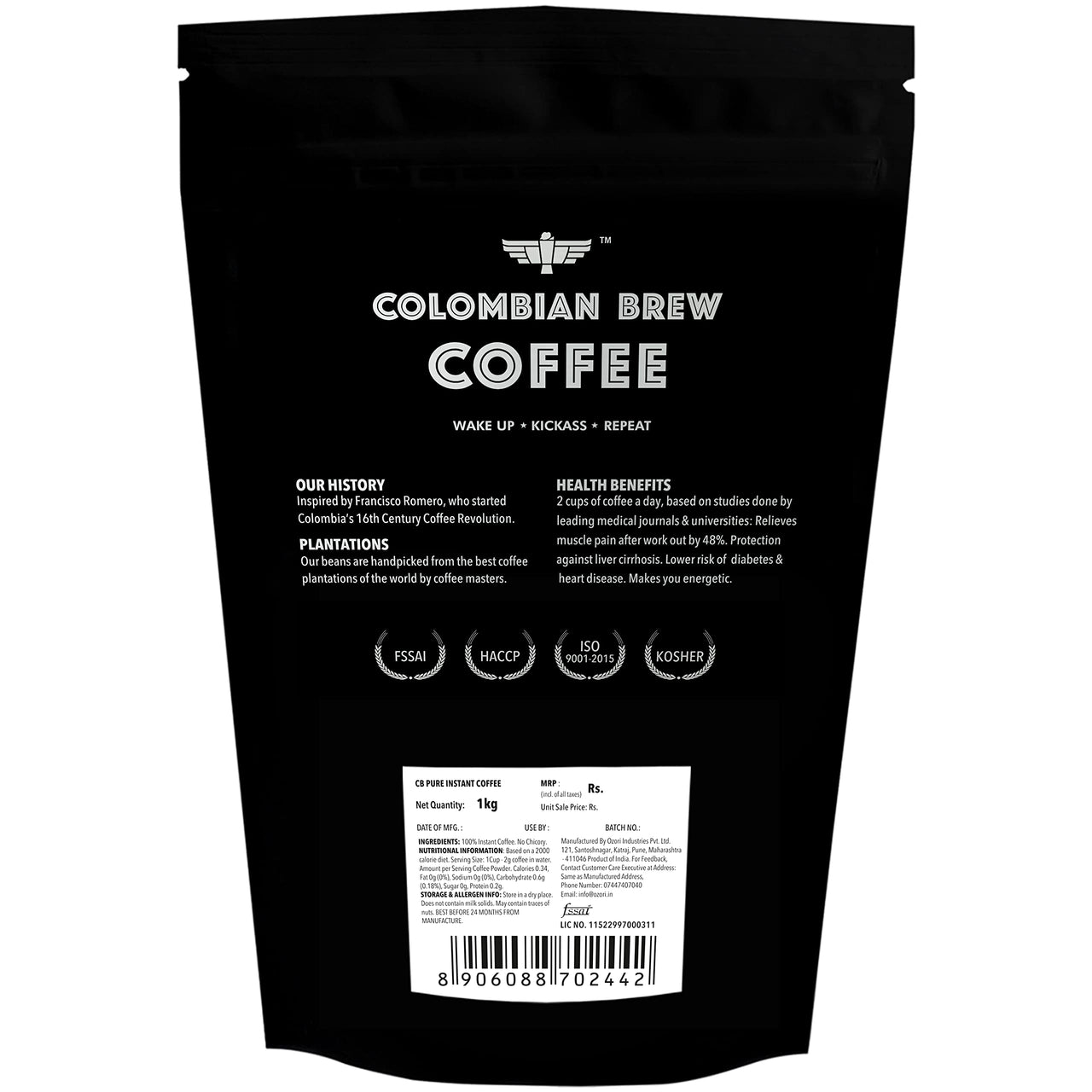 Colombian Brew Instant Coffee Pure, Strong, Hotel Pack, 1 Kg