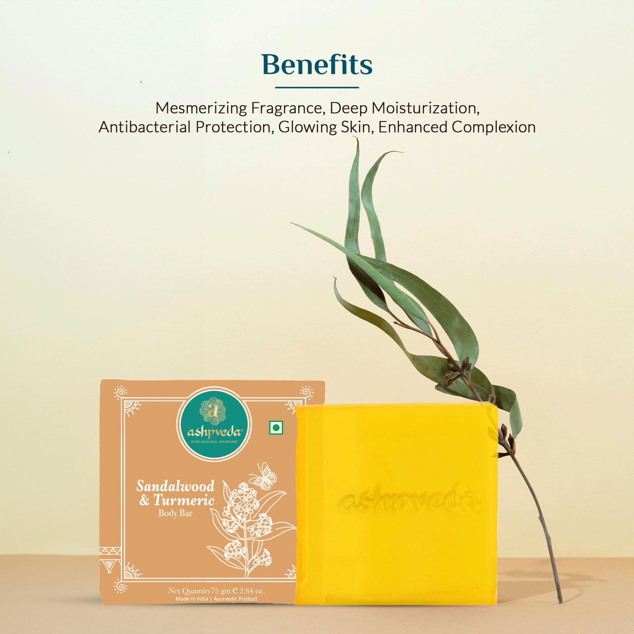 Ashpveda Sandalwood and Turmeric Soap for Bath | Ayurvedic Handmade Natural Scented Premium Bathing Soap for Glowing & Moisturizing Skin (75 gm)