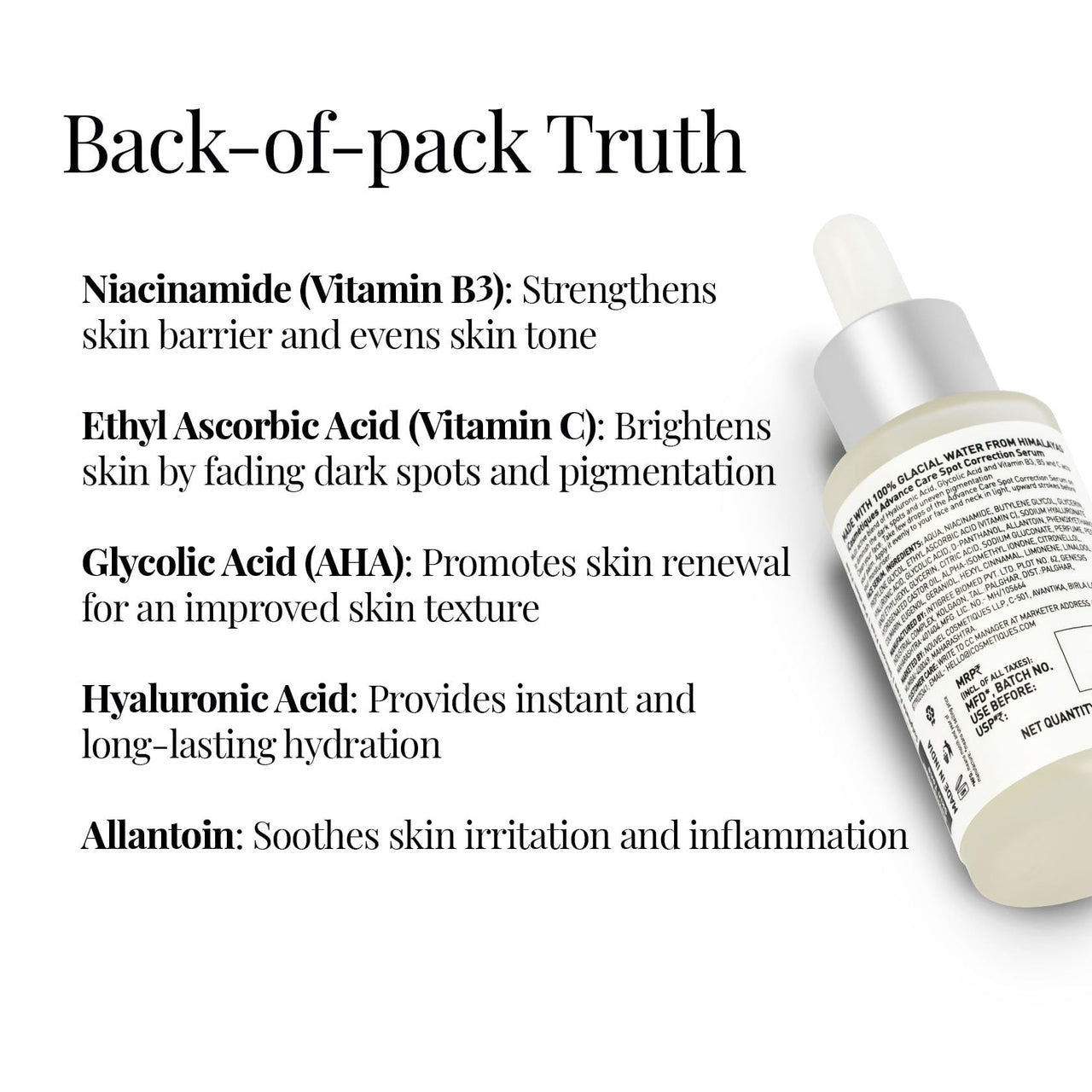 iCosmetiques Spot Correction Face Serum |For Bright, Even Skin Tone |Niacinamide, Hyaluronic Acid & Vitamin C |Infused with Himalayan Glacial Water |Unisex Advance Care Formula |40ml