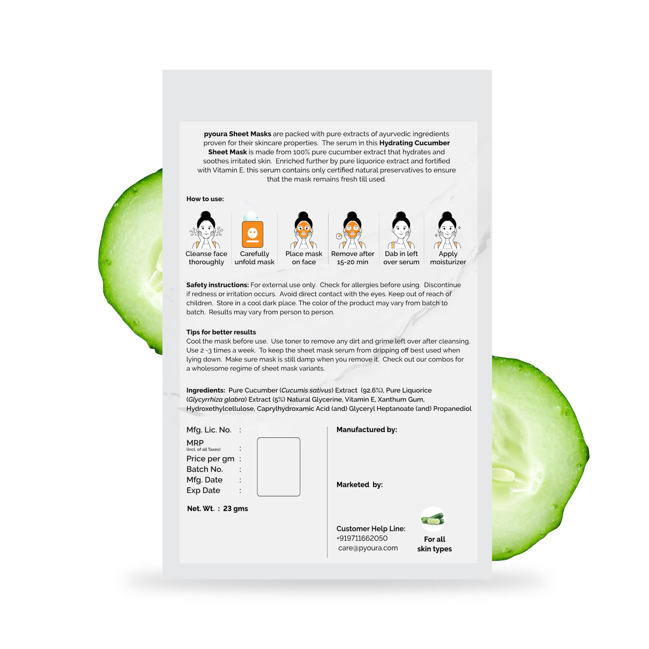 PYOURA Cucumber Revitalizing Face Sheet Mask, Pure Cucumber Extract, Alcohol & Paraben-Free, Refreshes and Rehydrates Skin, Vegan & Cruelty-Free, For All Skin Types | Pack of 2, Each 23g