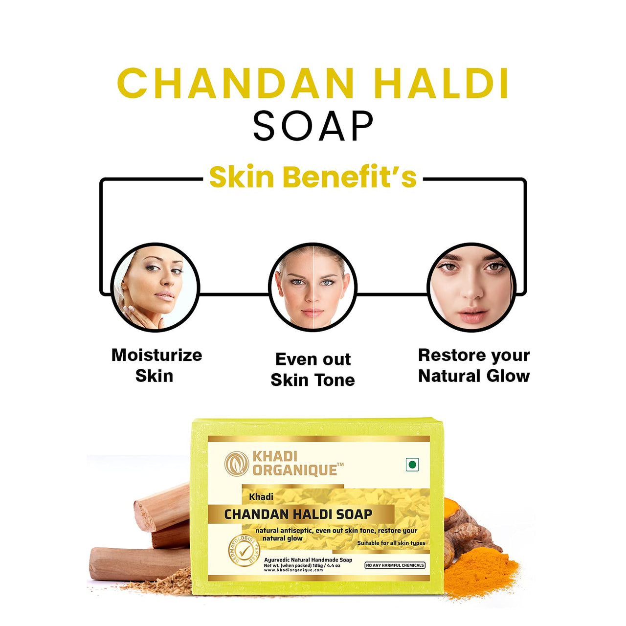 KHADI ORGANIQUE Chandan Haldi Soap Natural Handmade Soap with Turmeric Extracts Super Saver Pack of 5 (625 GM)