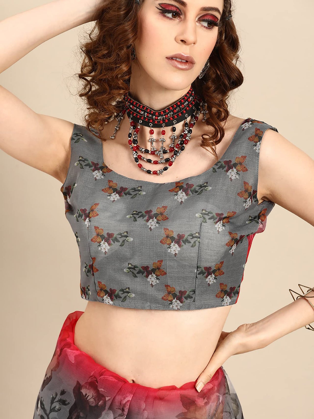 AKHILAM Women's  Knit Floral Printed Organza Saree with Unstitched Blouse Piece (FF0SAGE10_Parent)