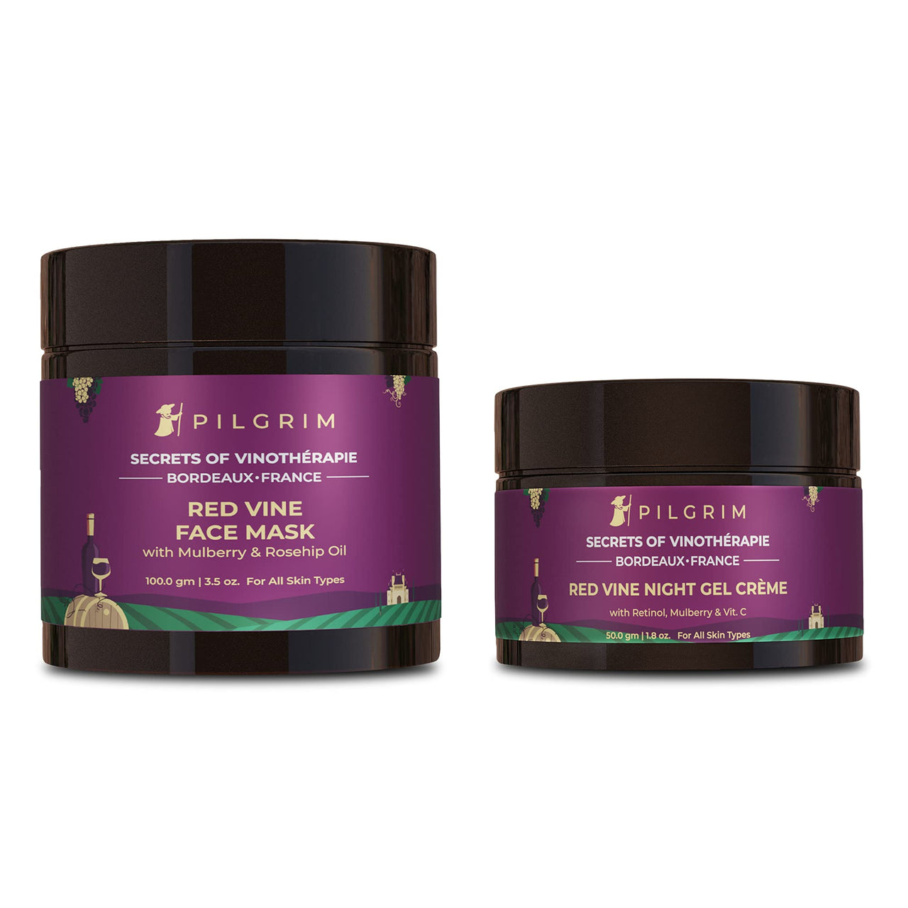 Pilgrim Lift & Firm Night Combo with Mulberry & Aloe | Red Vine Extracts Face Mask 100g, Retinol Night Gel Creme 50g | Anti-ageing | For Natural Glow & Refining Pores | For Men & Women