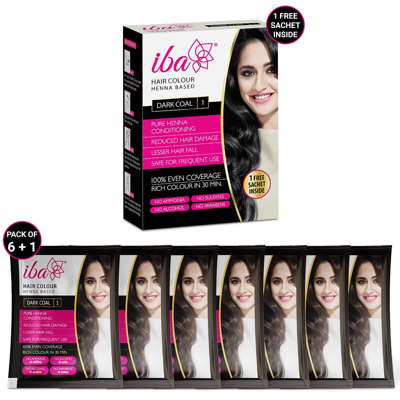 Iba Hair Colour for Women - Dark Coal, 70g | 100% Pure Henna Based Powder Sachet | Natural Hair Colour & Long Lasting with Conditioning Formula | Reduced Hair Fall & Hair Damage | Shine & Nourish Hair | Free from Ammonia and Other Harmful Chemicals | Herb