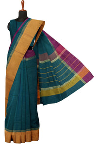 SENSAN Women’s Handloom Kanchi Cotton Saree with Blouse Piece [SKU:430] Light Beige×Navy Blue