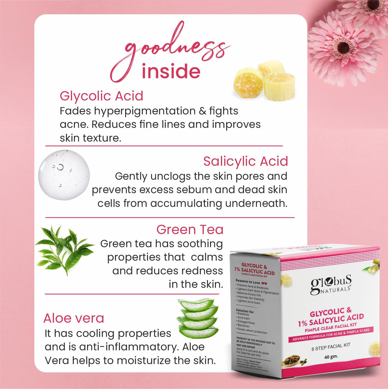 Globus Naturals Glycolic & 1% Salicylic Acid Face Wash & Facial Kit Combo, Anti Acne & Oil Control Formula, For Normal to Oily Skin