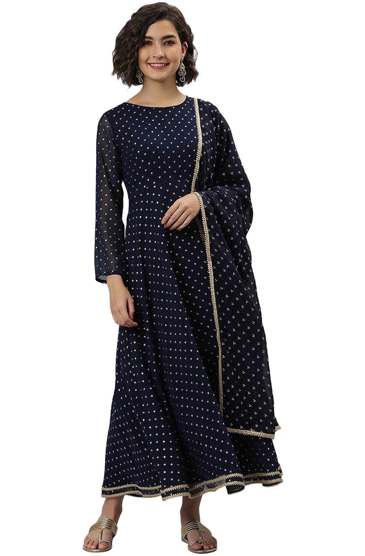 Janasya Women's  Navy Blue Poly Georgette Kurta with Dupatta