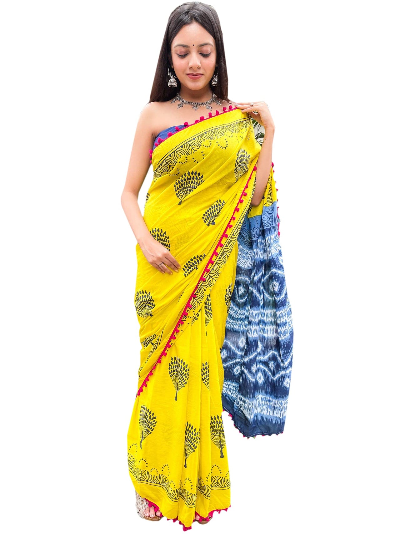 Shivanya Handicrafts Cotton Mulmul Saree for Women Attached Pom Pom Lace Red & Black 1