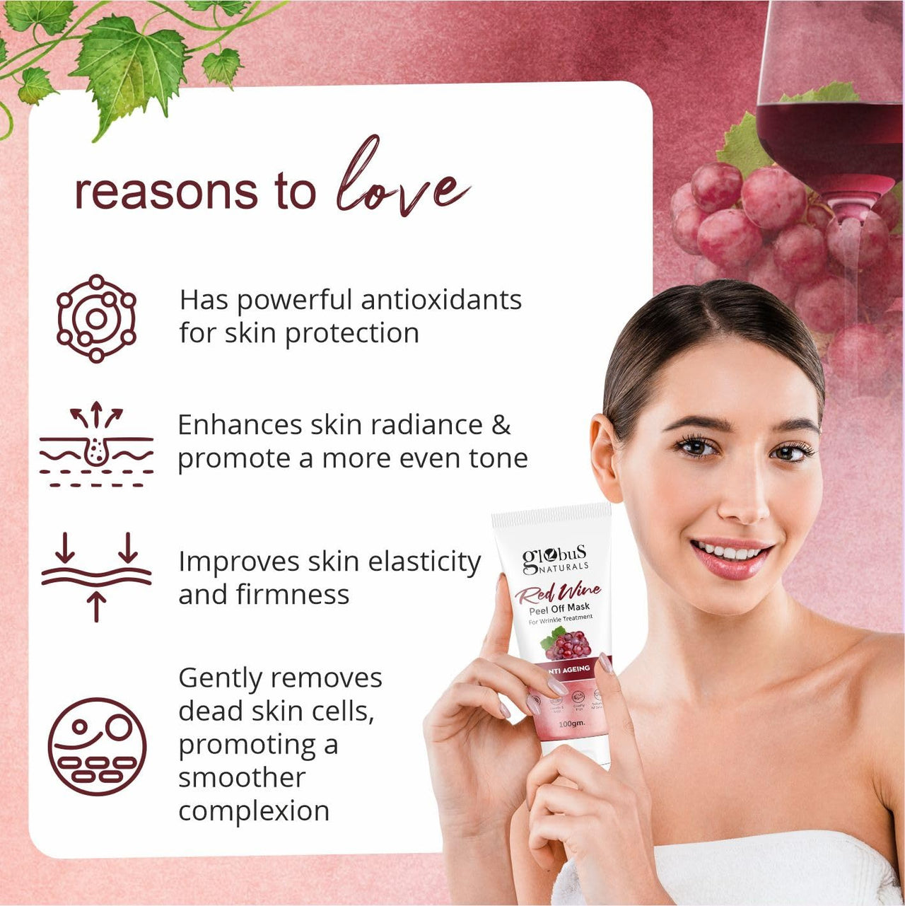 Globus Naturals Red Wine Peel Off Mask & Facial Kit Combo, Anti Ageing Formula, For All Skin Types