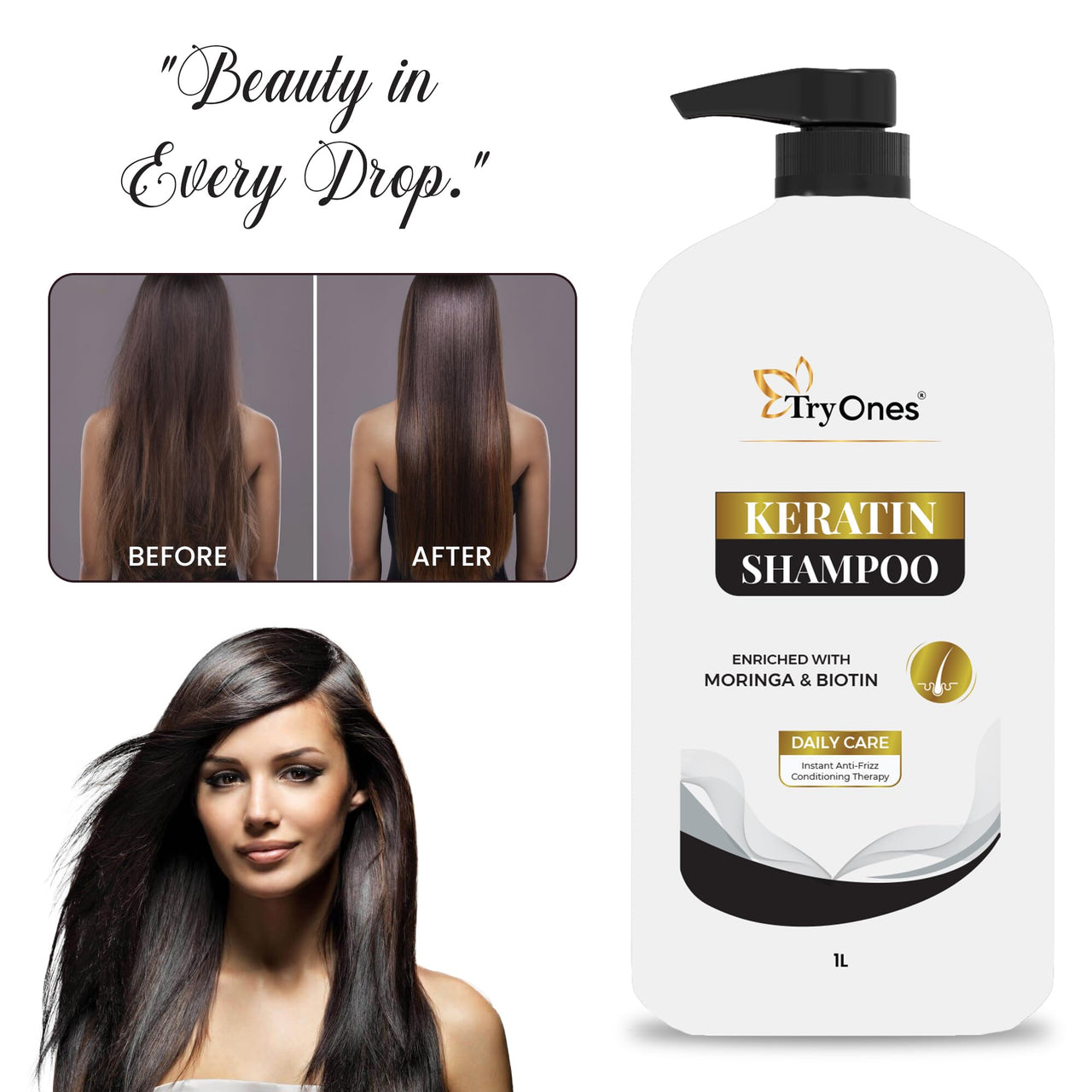 TryOnes Keratin Shampoo, for Straighter, Shinier Hair, with Keratin Nourishes Dry Hair, Controls Frizz, for Men & Women 1000 ml