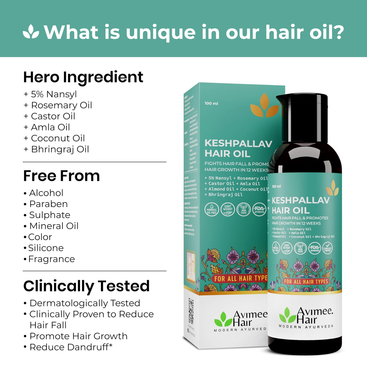 Avimee Herbal Keshpallav Hair Oil For Men & Women | Promotes Hair Growth & Reduces Hair Fall | With Rosemary, Castor, Amla, Coconut and Bhringraj Oil | Mineral Oil Free (Pack of 2)