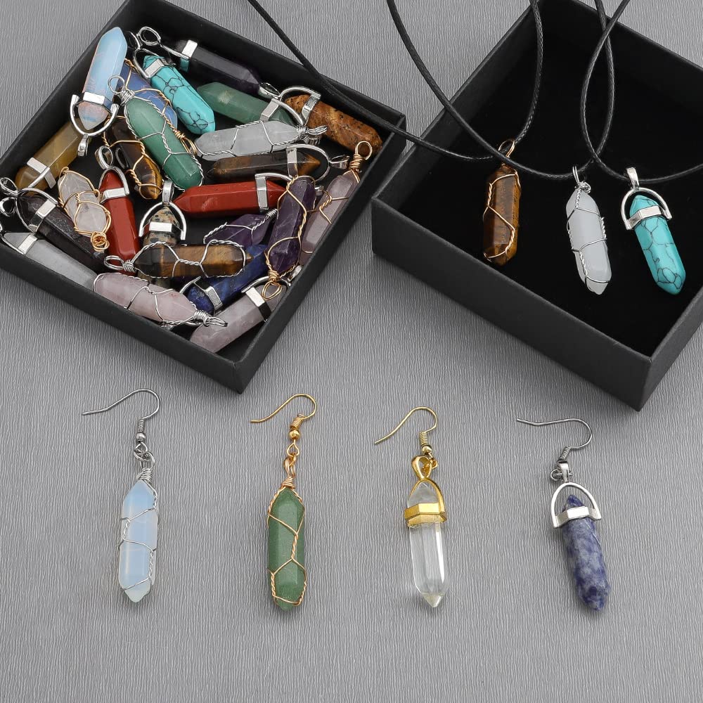 Lezam 24 Pcs Healing Chakra Crystal Pendant Hexagonal Pointed Natural Bullet Shaped Gemstone Wire Wrapped Quartz Stone Charm Pendants for Necklace Jewelry Making(12-12) 24-A