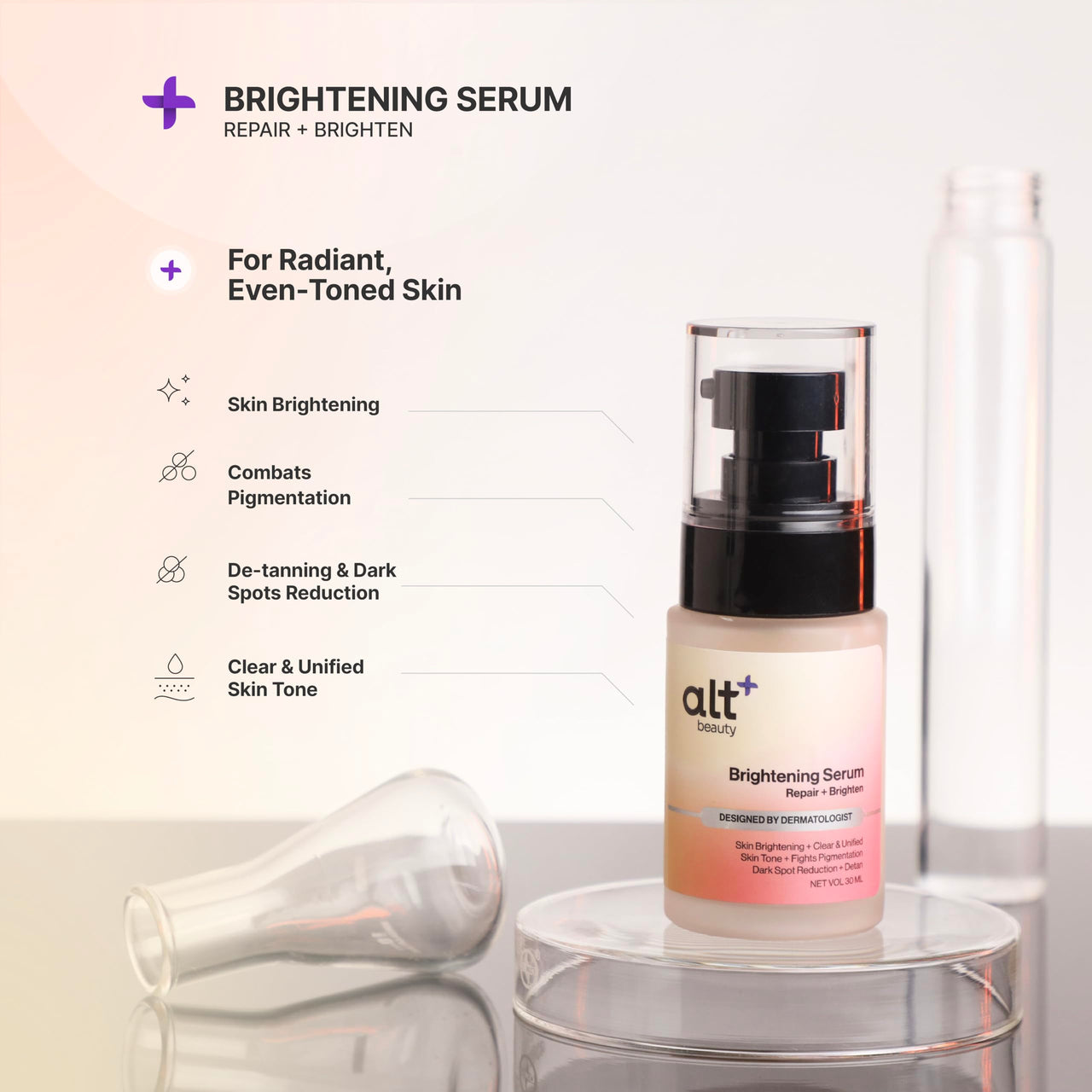 altBeauty Brightening Serum with Vitamin C, Kojic Acid, Glutathione, Alpha Arbutin | Reduces Dark Spots, Tanning and Dullness | Fights Pigmentation, Provides Clear & Uniform Skin Tone | Derma Grade