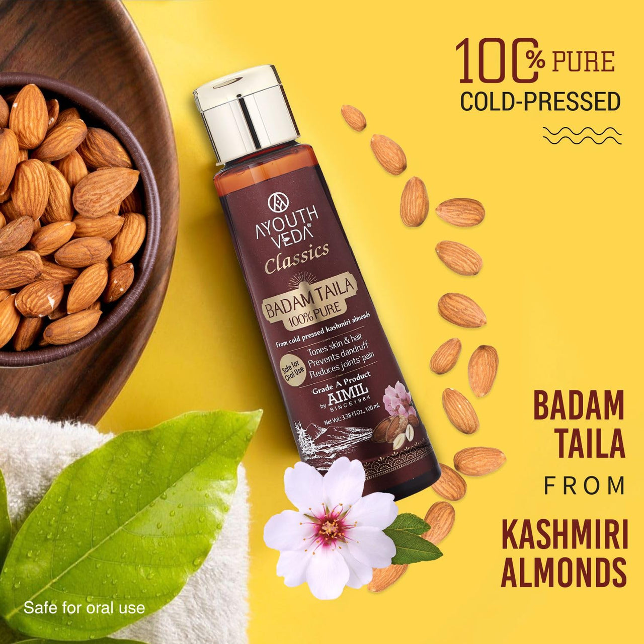 Ayouthveda Badam Taila | Pure & Natural Cold Pressed Kashmir Almond Oil | Massage Oil for Skin & Hair | Prevents Dandruff & Nourishes Hair & Scalp | Safe For Oral Use (Pack of 1, 100 ml)