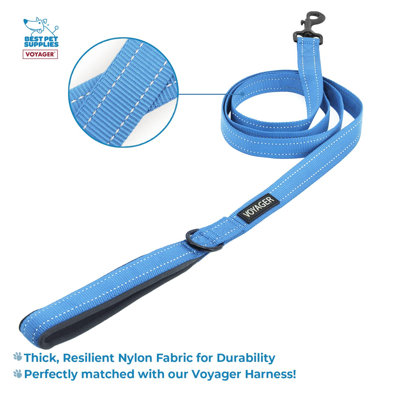 Voyager Reflective Dog Leash Collar Set with Neoprene Handle Supports Small, Medium, and Large Breed Puppies, Cute and Heavy Duty for Walking, Running, and Training - Baby Blue, L