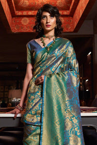 SGF11 Women's  Kanjivaram Pure Soft Silk Handloom Saree Pure Golden Zari With Blouse Piece Green 01