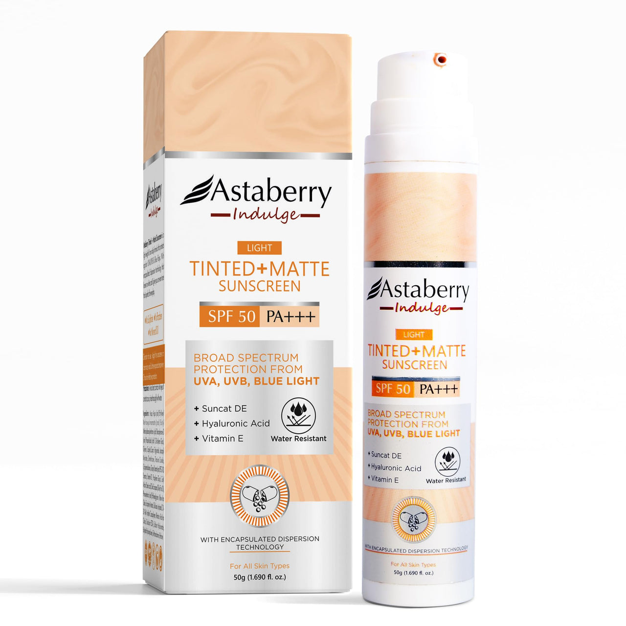 ASTABERRY Indulge Tinted Matte Sunscreen SPF 50 PA+++ | Broad Spectrum Protection from UVA/B & Blue Light | Suncat DE & No White Cast |Provides a Light Tint - 50g (Light), All