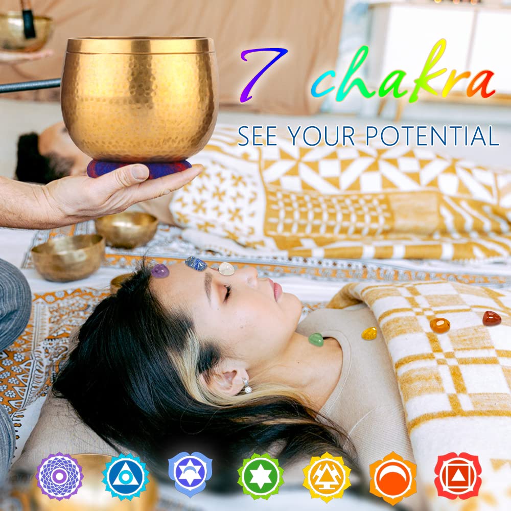 Relaehih Tibetan Singing Bowls with 7 Chakra Crystal and Healing Stones for Meditation, Mindfulness, Yoga, Great Meditation Accessories, Gifts for Women Men (5.5" Hand-Hammered Bowl & Crystals) 5.5" Hand-Hammered Bowl & Crystals