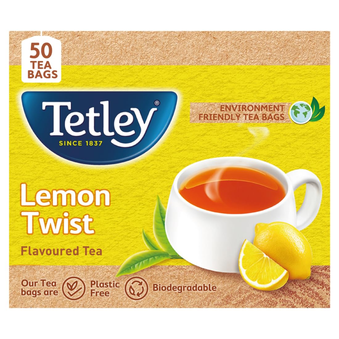 Tetley | Lemon Flavoured Refreshing Tea | Black Tea | 50 Tea Bags, 100 Grams