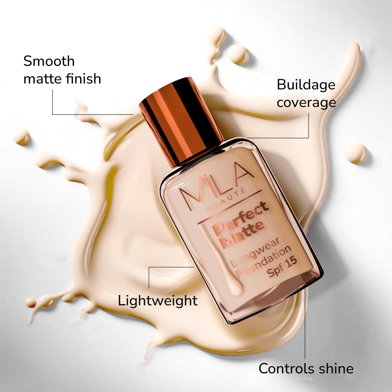 Mila Beauté Perfect Matte Long Wear Foundation | High Coverage, Light Weight & Water Resistant I Oil Free Formula With SPF 15 & Vitamin E | Smooth Matte Finish | Keeps Skin Hydrated | Shade - ( 2 Natural Beige, 30ml)