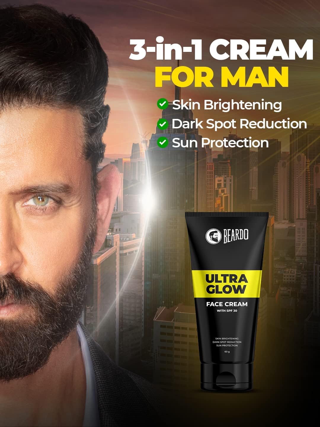 Beardo Ultraglow All in One Face Cream For Men with SPF 30, 60g | Aloe Vera With Vitamin E and Niacinamide for Skin Brightening & Dark Spots Reduction