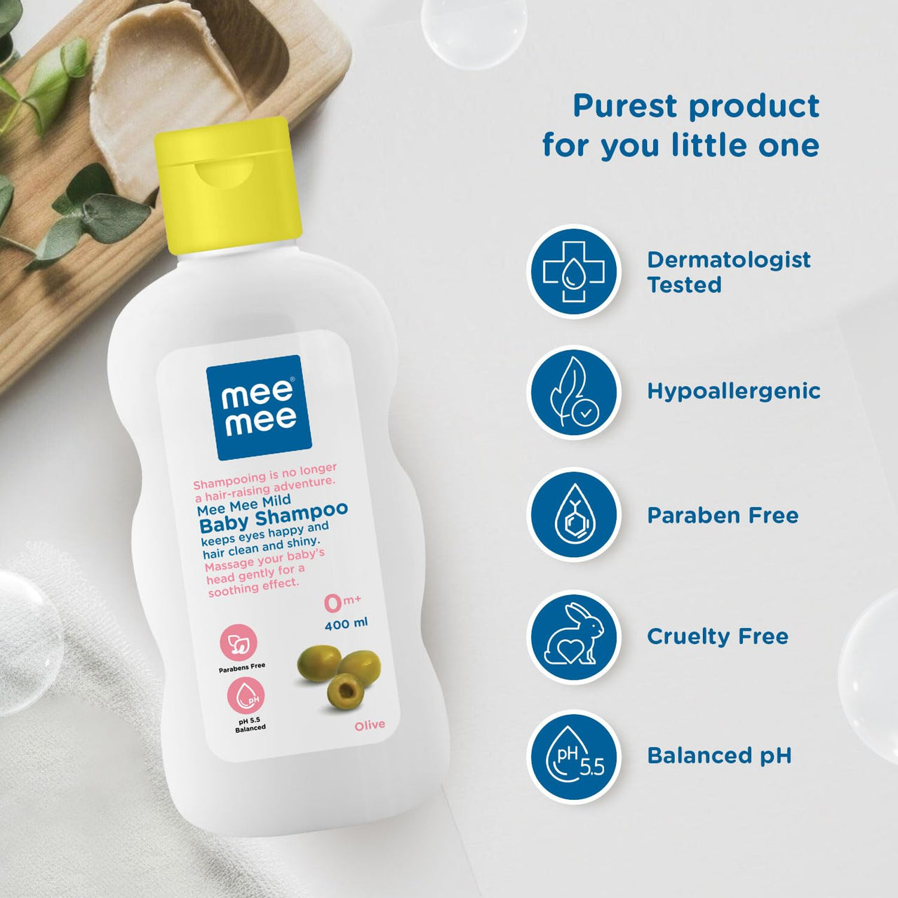 Mee Mee Gentle Baby Shampoo 400ml | For Daily Moisturizing Enriched with Olive Extracts | Tear-Free Formula Nourishes, Soothes, & Protects Sensitive Skin | Hypoallergenic, Sulfate and Paraben-Free | Skin Friendly PH