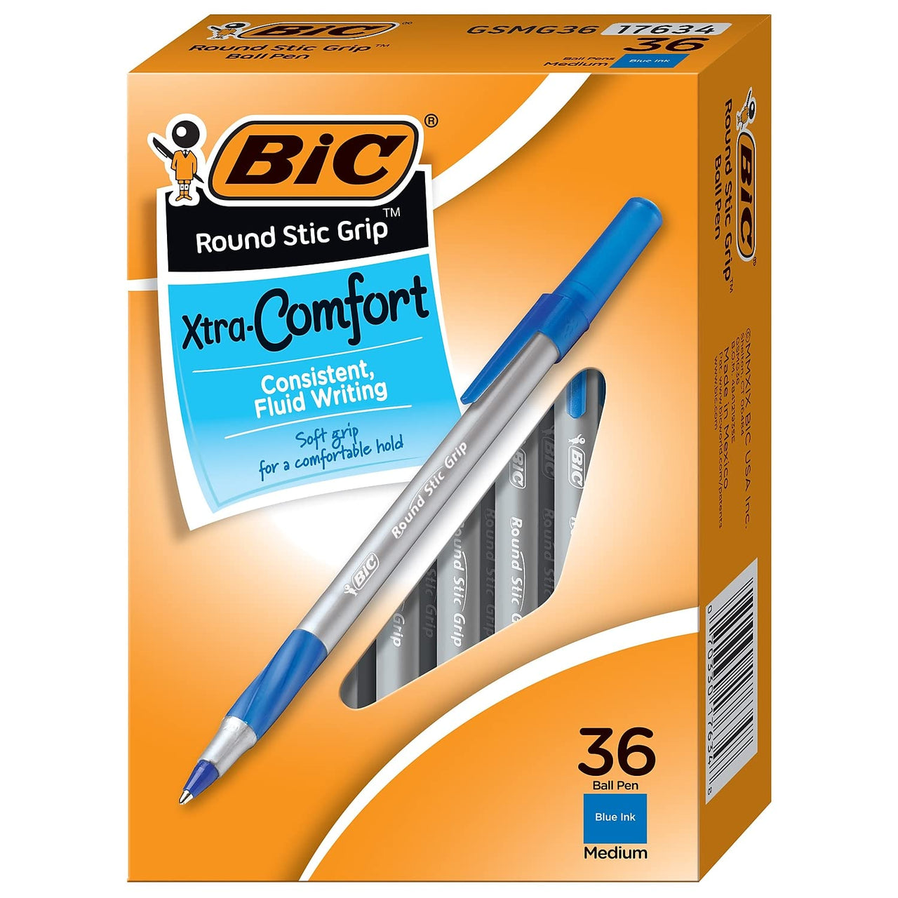 BIC Round Stic Grip Xtra Comfort Blue Ballpoint Pens, Medium Point (1.2mm), 36-Count Pack, Excellent Writing Pens With Soft Grip for Superb Comfort and Control