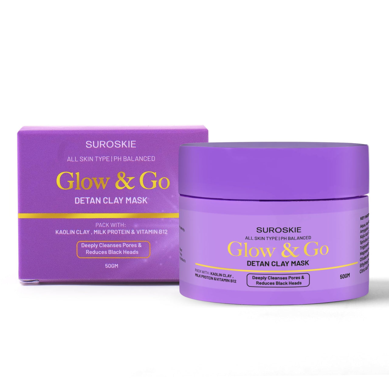 Suroskie Glow & Go De-Tan Clay Mask | Kaolin Clay & Kojic Extract | Removes Tan, Dark Spots & Blackheads | Deep Cleansing & Brightening Face Pack For Glowing Skin | All Skin Types | Men & Women 50G