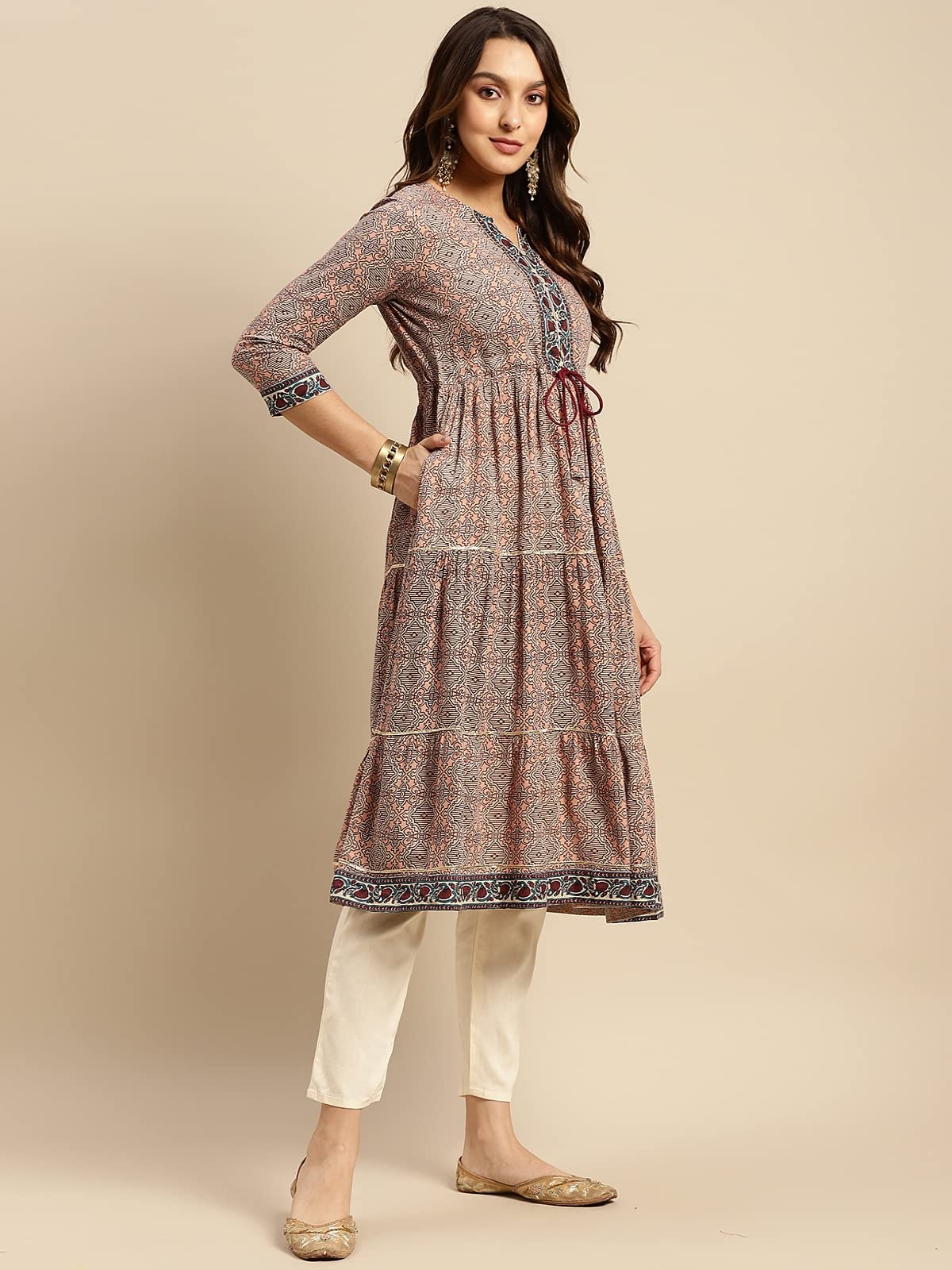 rangita Women Rayon Peach Printed Calf Length Anarkali Tiered Kurti with Contrats Printed Placket