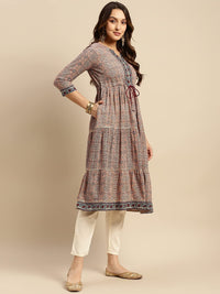 rangita Women Rayon Peach Printed Calf Length Anarkali Tiered Kurti with Contrats Printed Placket