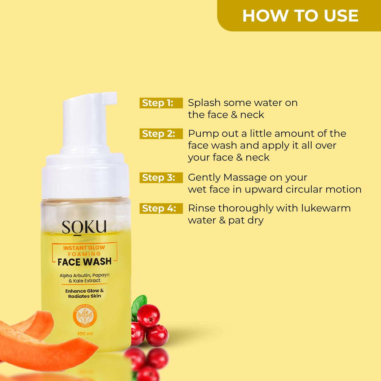 SOKU Instant Glow Foaming Facewash for Deep Cleansing | Enriched With Alpha Arbutin, Papaya & Kale Extract for Instant Brightening | Gentle Cleanser for Men & Women | Sulphate & Toxin Free