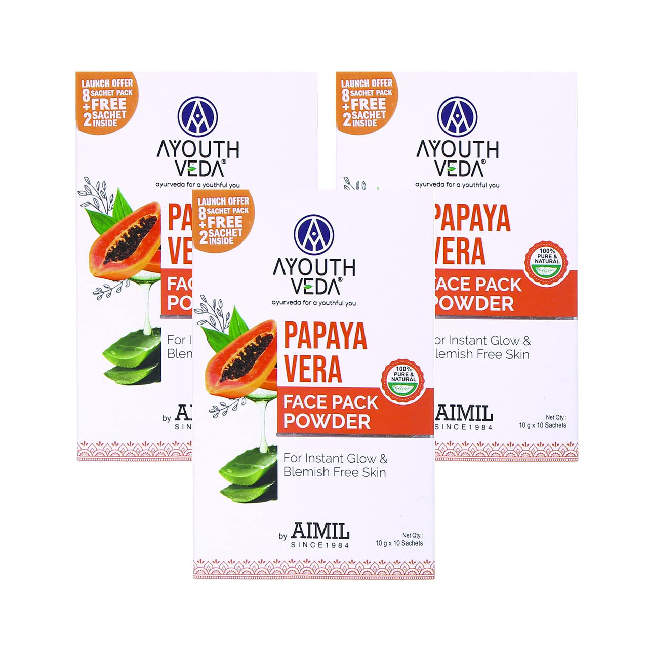 Ayouthveda Papaya and Aloe Vera Face Pack Powder for Glowing & Rejuvenating Skin | Removes Blemish & Wrinkle & Promotes Skin Health | Suitable for all skin Type (10g X 10 Sachets) (Pack of 3)